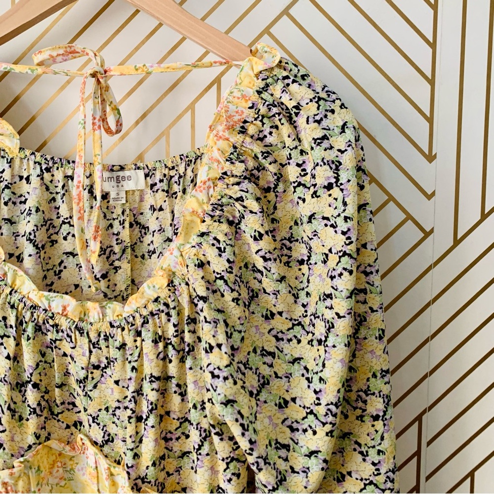Umgee Floral puff sleeve tiered Layered Ruffle Hem scoop neck multicolor Dress S - Picture 3 of 8